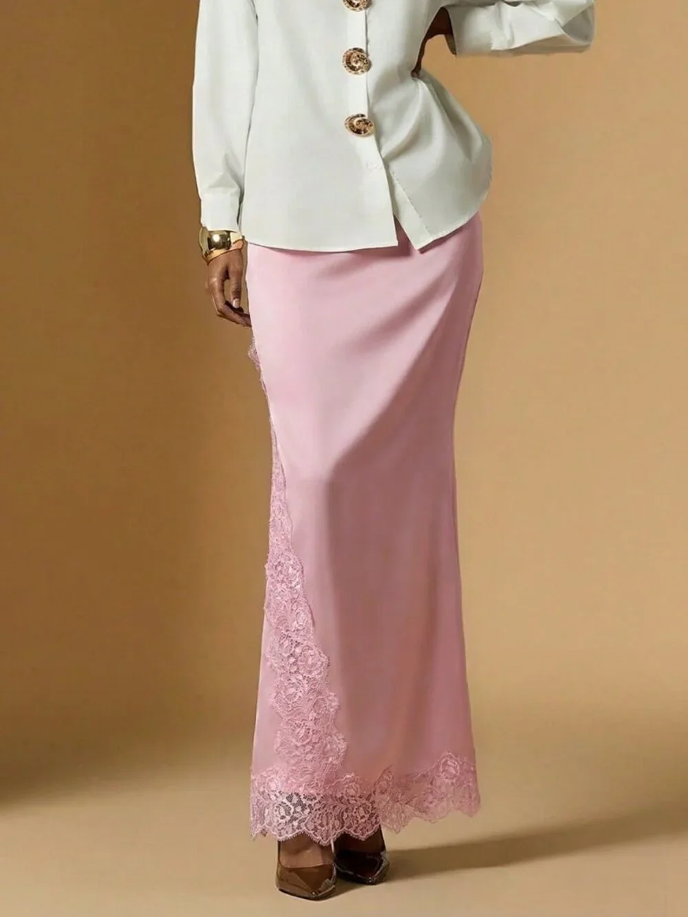 pink Elegant Women's Lace Patchwork satin Skirt